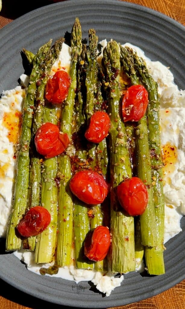 Roasted Asparagus with Burrata and Tomatoes