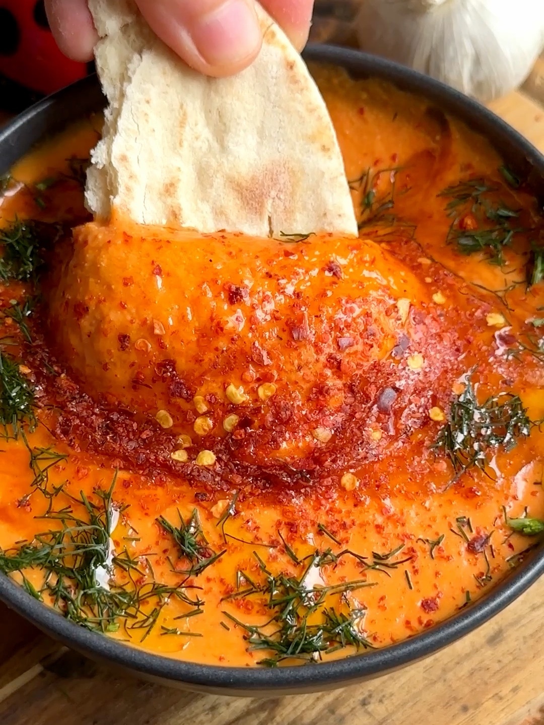 Roasted Red Pepper and Feta Dipserved with pita bread