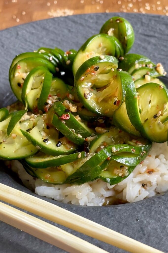 Asian Cucumber Salad served with steamed rice