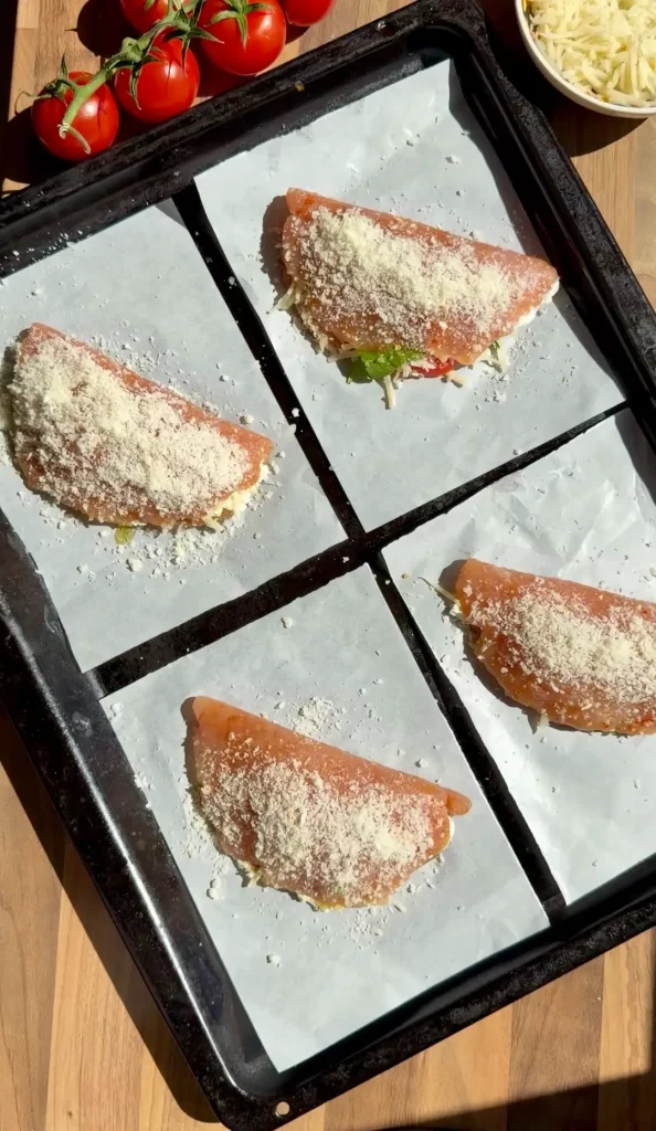 Chicken stuffed pockets brushed with olive oil and coated in panko breadcrumbs and Parmesan for a crispy baked crust